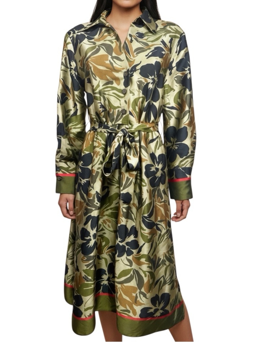 ZARA Floral Print Midi Shirt Dress Belted Olive Green Small